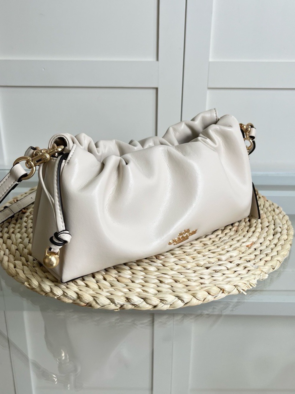 Coach Cream Ruched Shoulder Bag with Gold Hardware